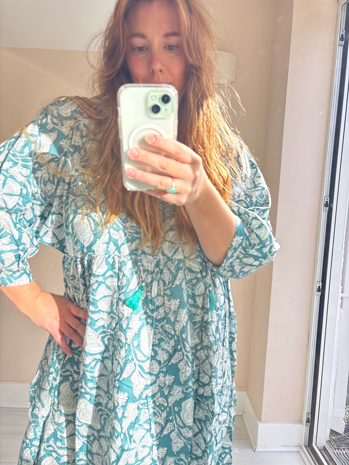 Floral-print cotton smock dress blue moss
