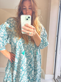 Floral-print cotton smock dress blue moss