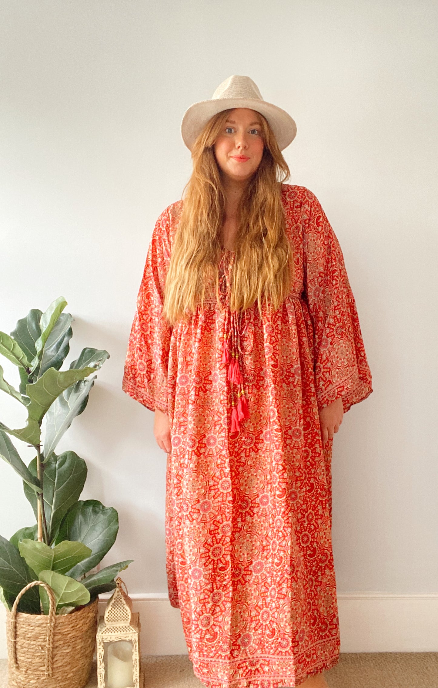 Nova red boho printed silk dress