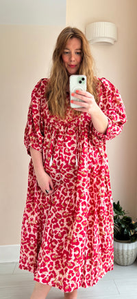 Leopard-print cotton dress red