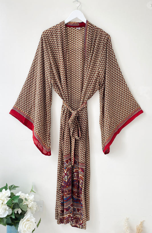 Laurel brown/red print recycled-silk free-size kimono//robe UK 8-16
