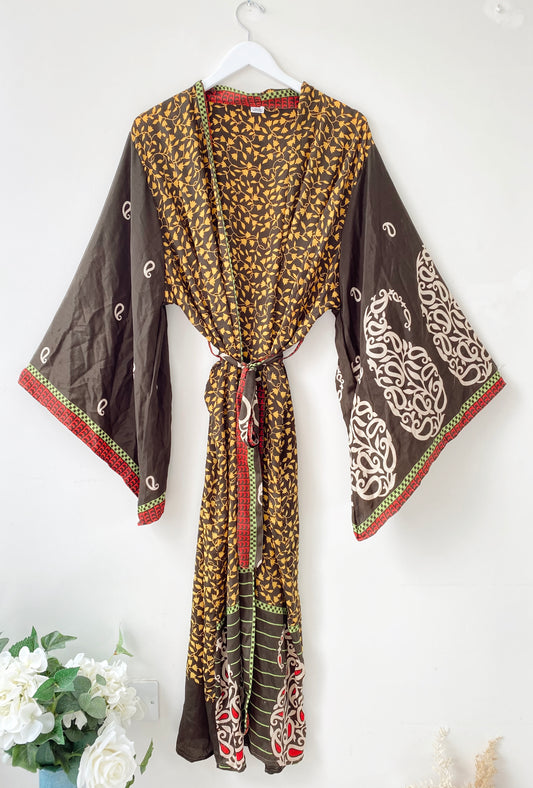Laurel black printed recycled-silk free-size kimono//robe UK 8-16