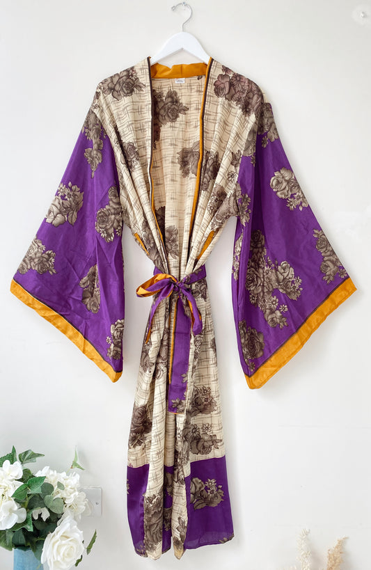 Laurel purple print recycled-silk free-size kimono//robe UK 8-16
