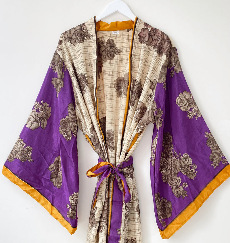Laurel purple print recycled-silk free-size kimono//robe UK 8-16DRESSES