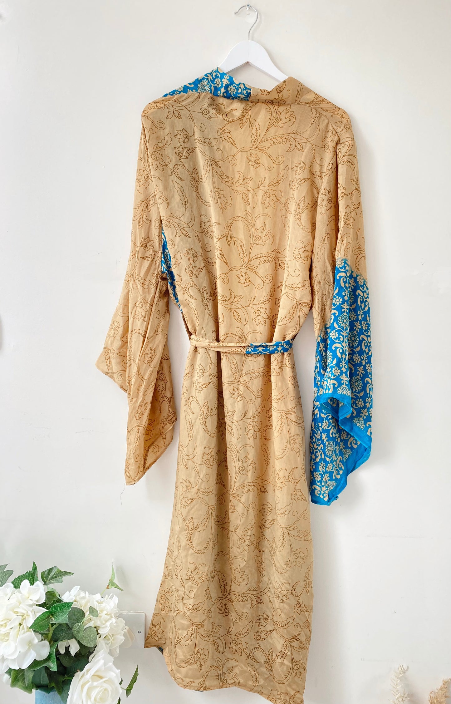 Laurel blue/beige print recycled-silk free-size kimono//robe UK 8-16KIMONO