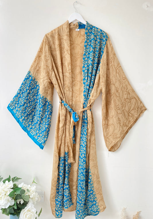Laurel blue/beige print recycled-silk free-size kimono//robe UK 8-16KIMONO