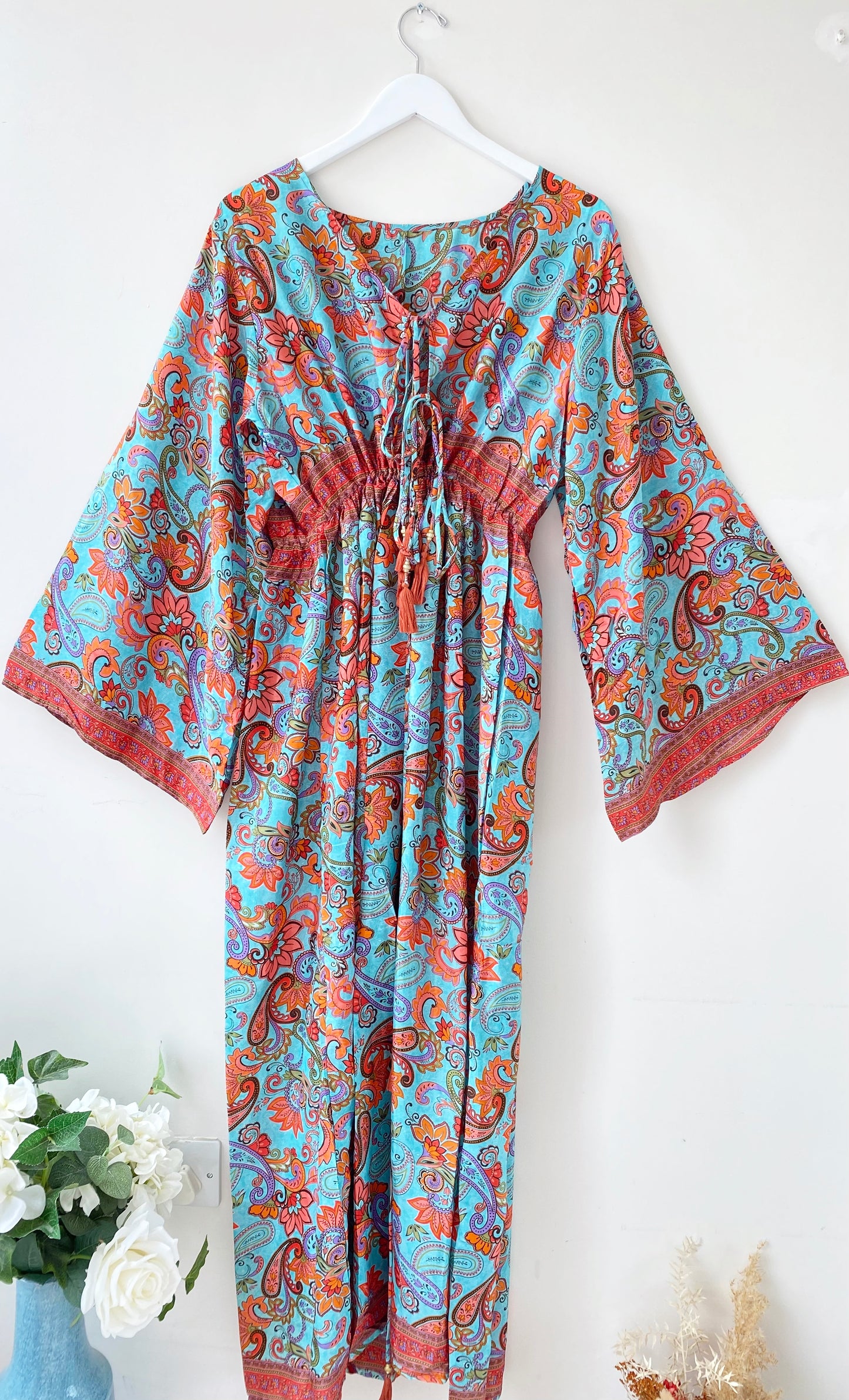 Nova blue red floral print silk maxi dress free size UK8-16