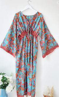 Nova blue red floral print silk maxi dress free size UK8-16DRESSES