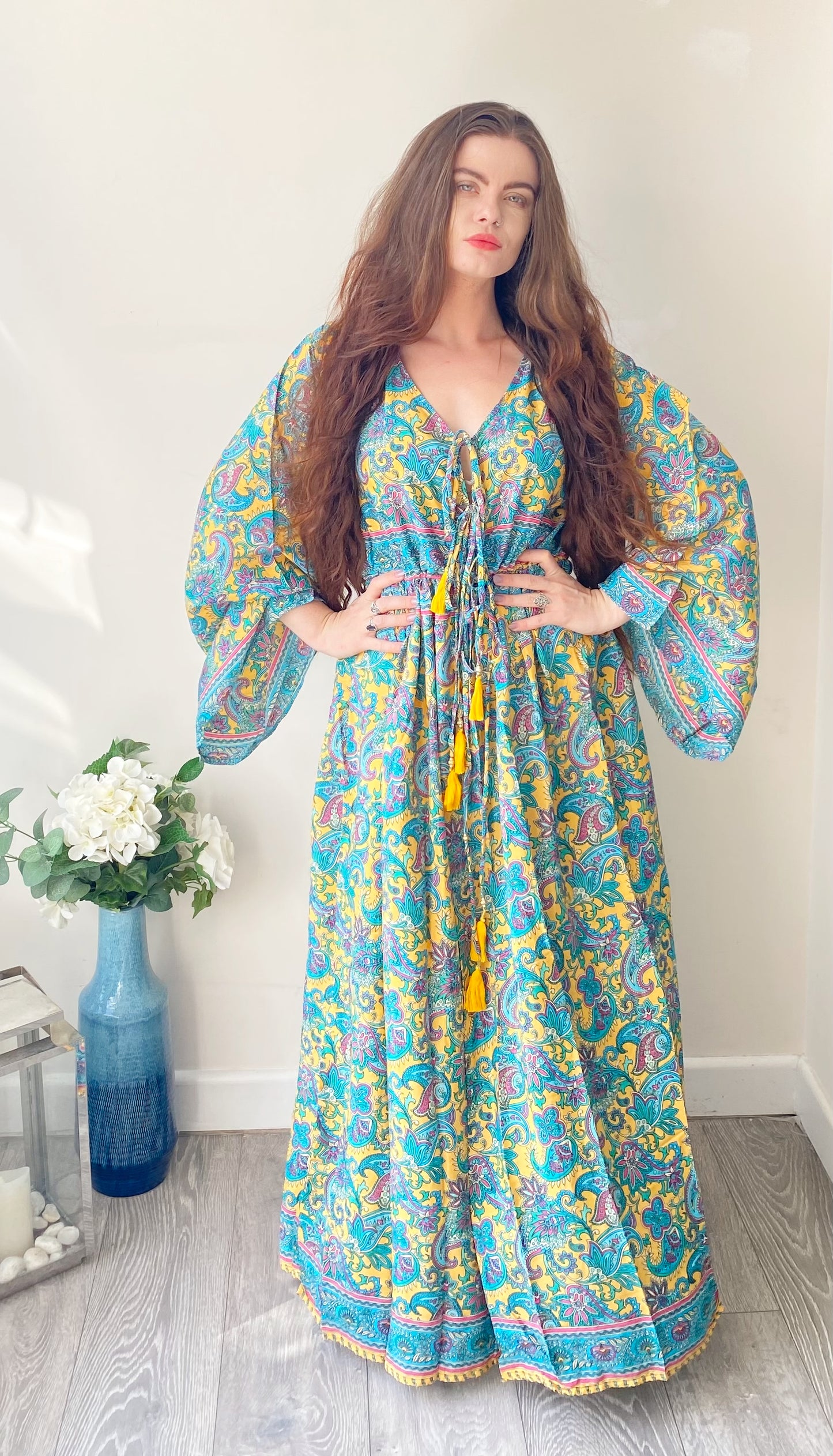 Nova yellow turquoise floral print silk maxi dress free size UK8-16