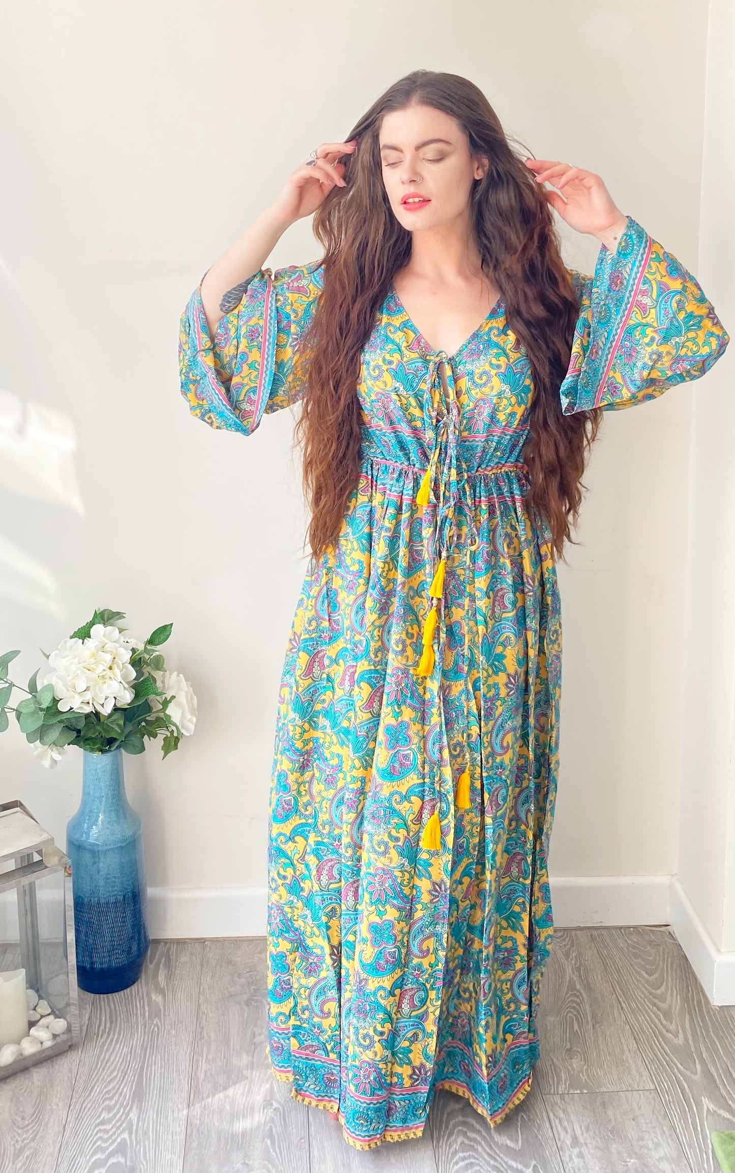 Nova yellow turquoise floral print silk maxi dress free size UK8-16DRESSES