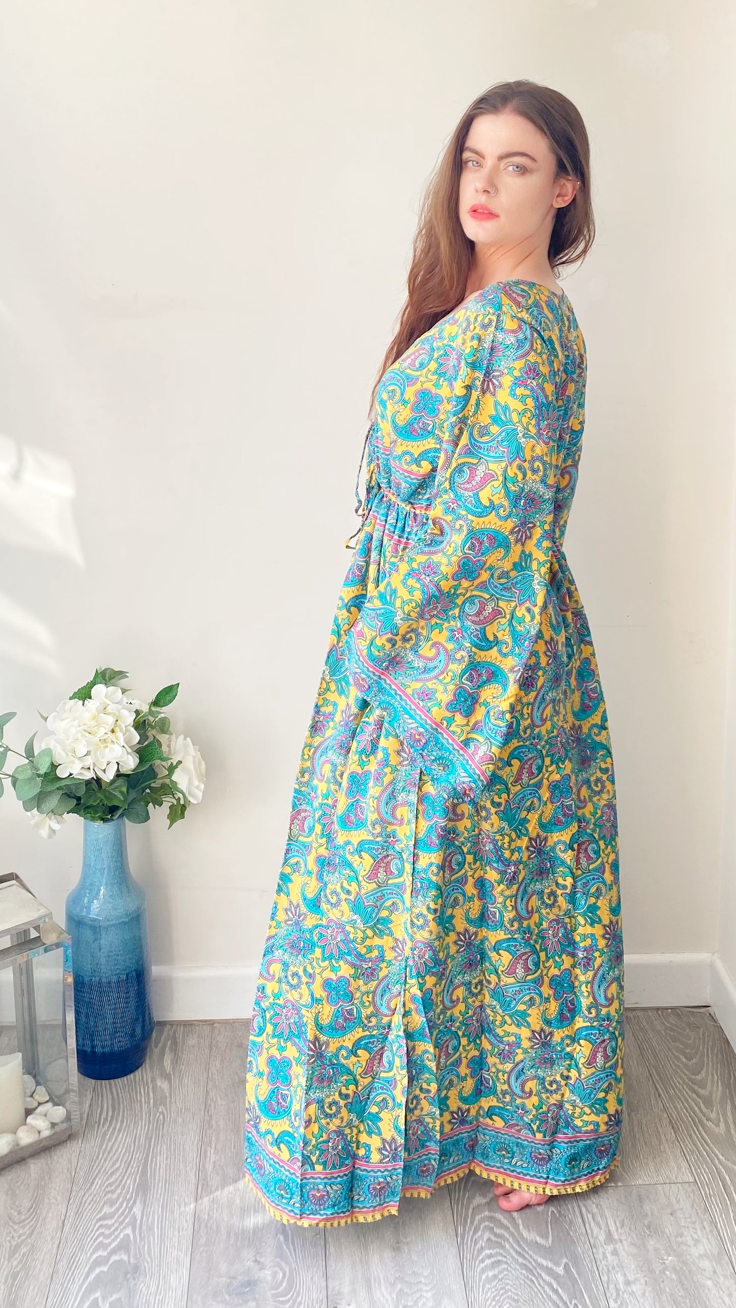 Nova yellow turquoise floral print silk maxi dress free size UK8-16