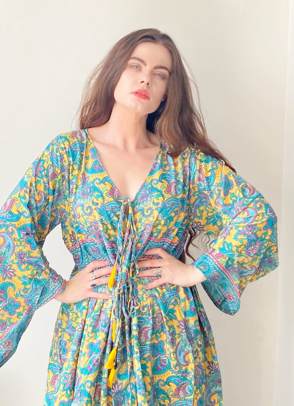 Nova yellow turquoise floral print silk maxi dress free size UK8-16DRESSES