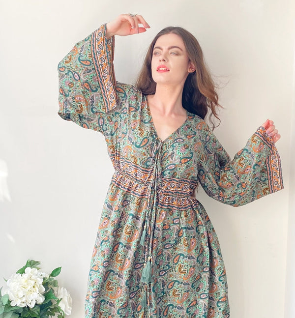 Nova green paisley-print silk maxi dress free size UK8-16DRESSES