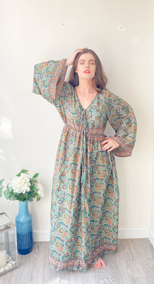 Nova green paisley-print silk maxi dress free size UK8-16