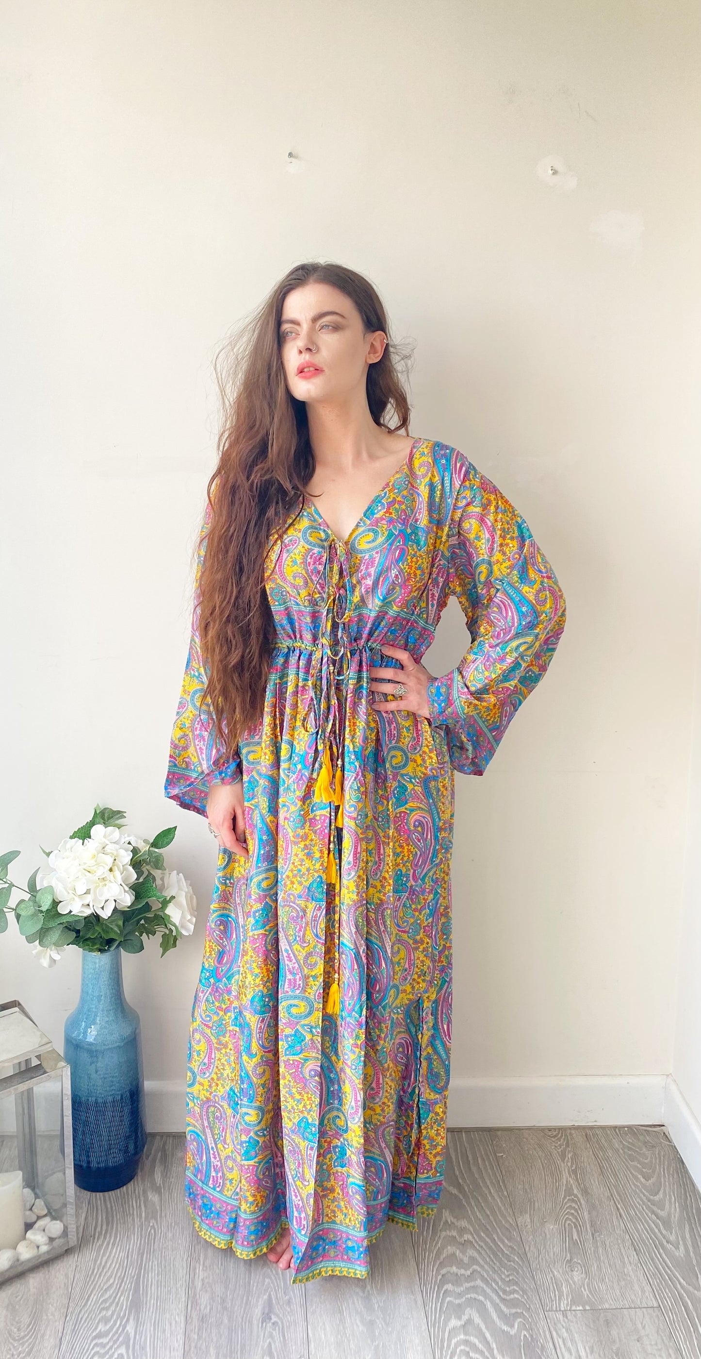 Nova lilac yellow blue paisley-print silk maxi dress free size UK8-16