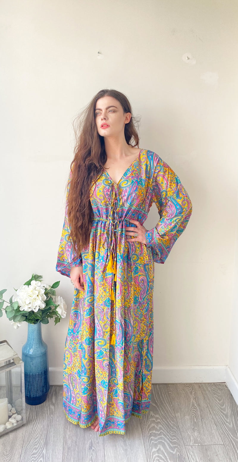 Nova lilac yellow blue paisley-print silk maxi dress free size UK8-16DRESSES