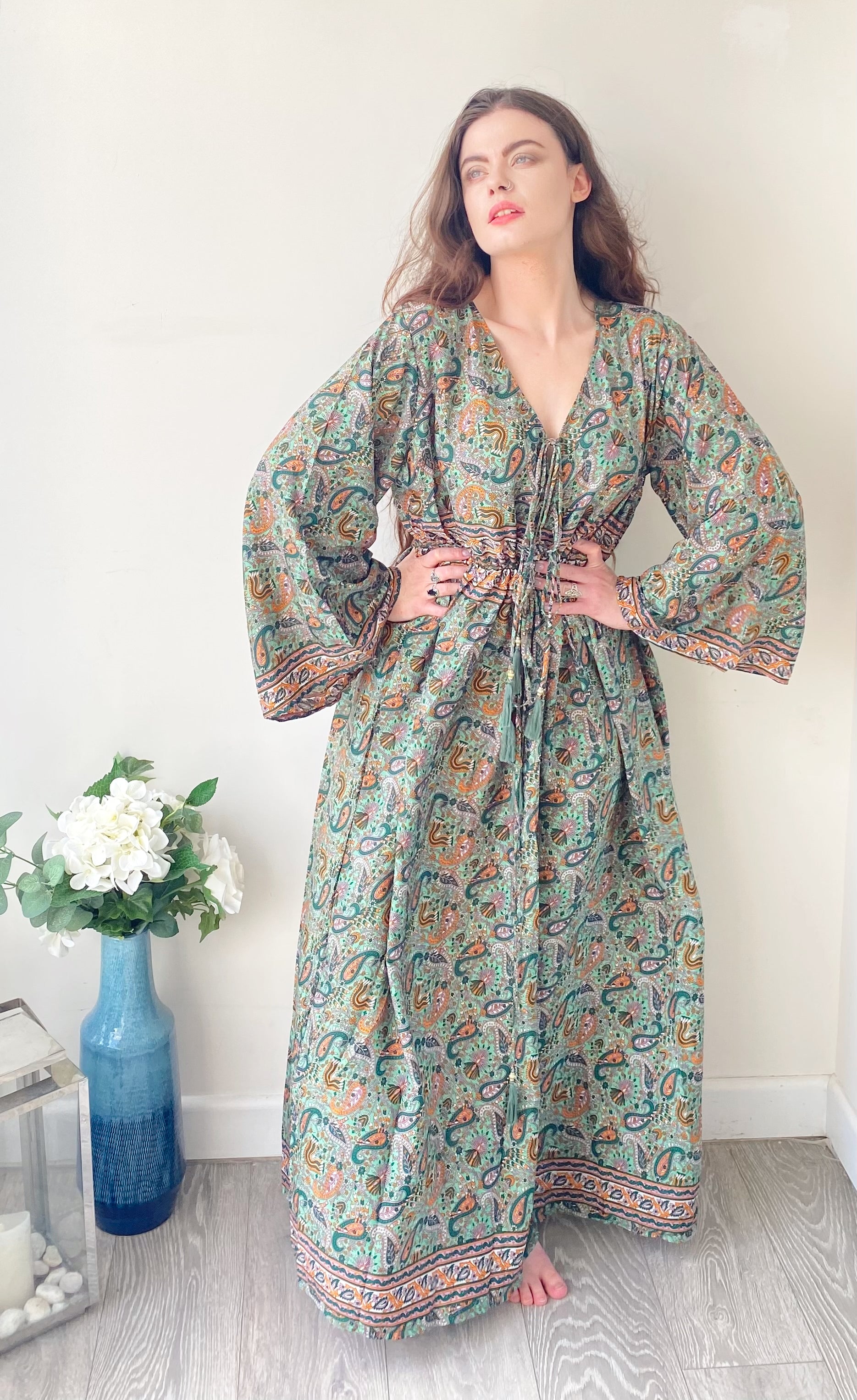 Nova green paisley-print silk maxi dress free size UK8-16DRESSES