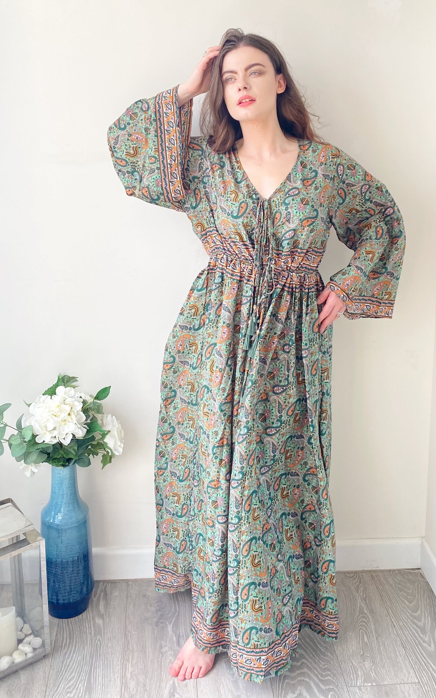 Nova green paisley-print silk maxi dress free size UK8-16