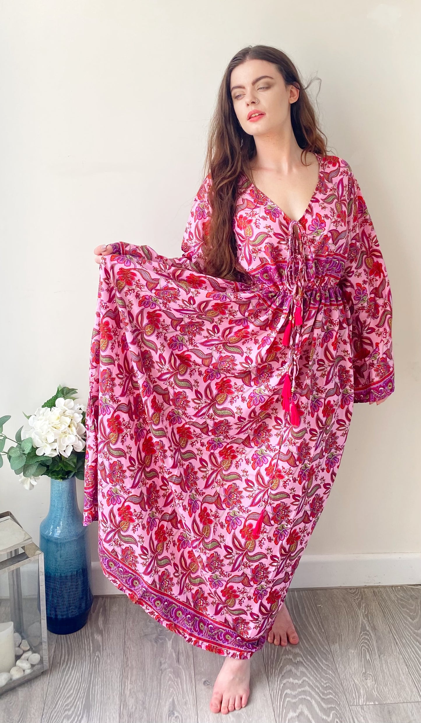 Nova pink floral-print silk maxi dress free size UK8-16