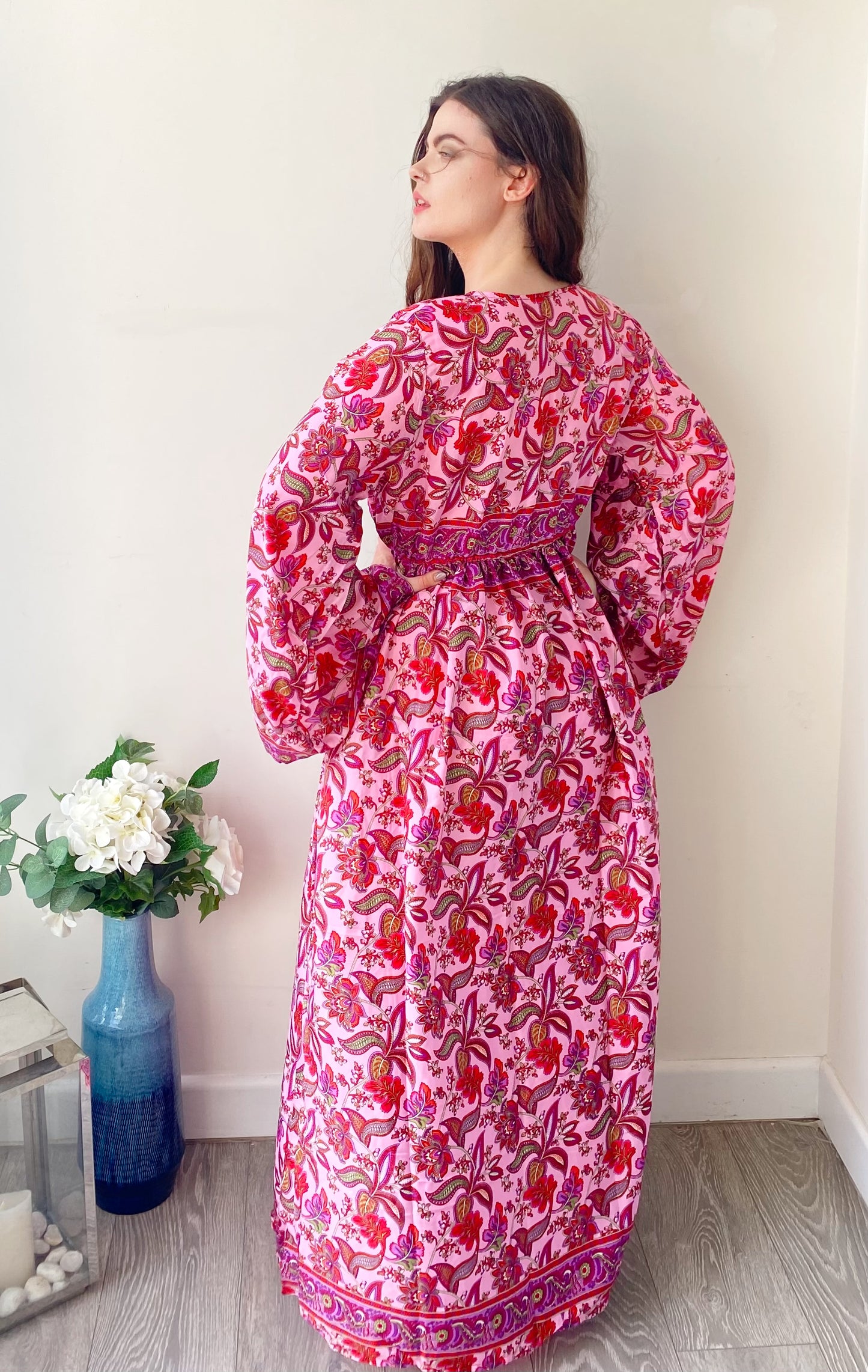 Nova pink floral-print silk maxi dress free size UK8-16DRESSES