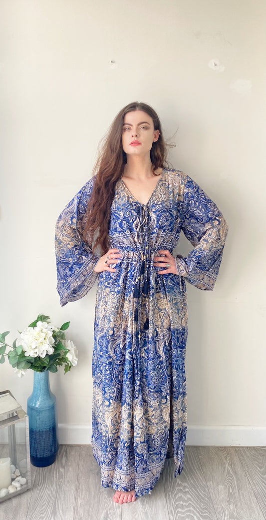 Nova cream blue paisley-print silk maxi dress free size UK8-16