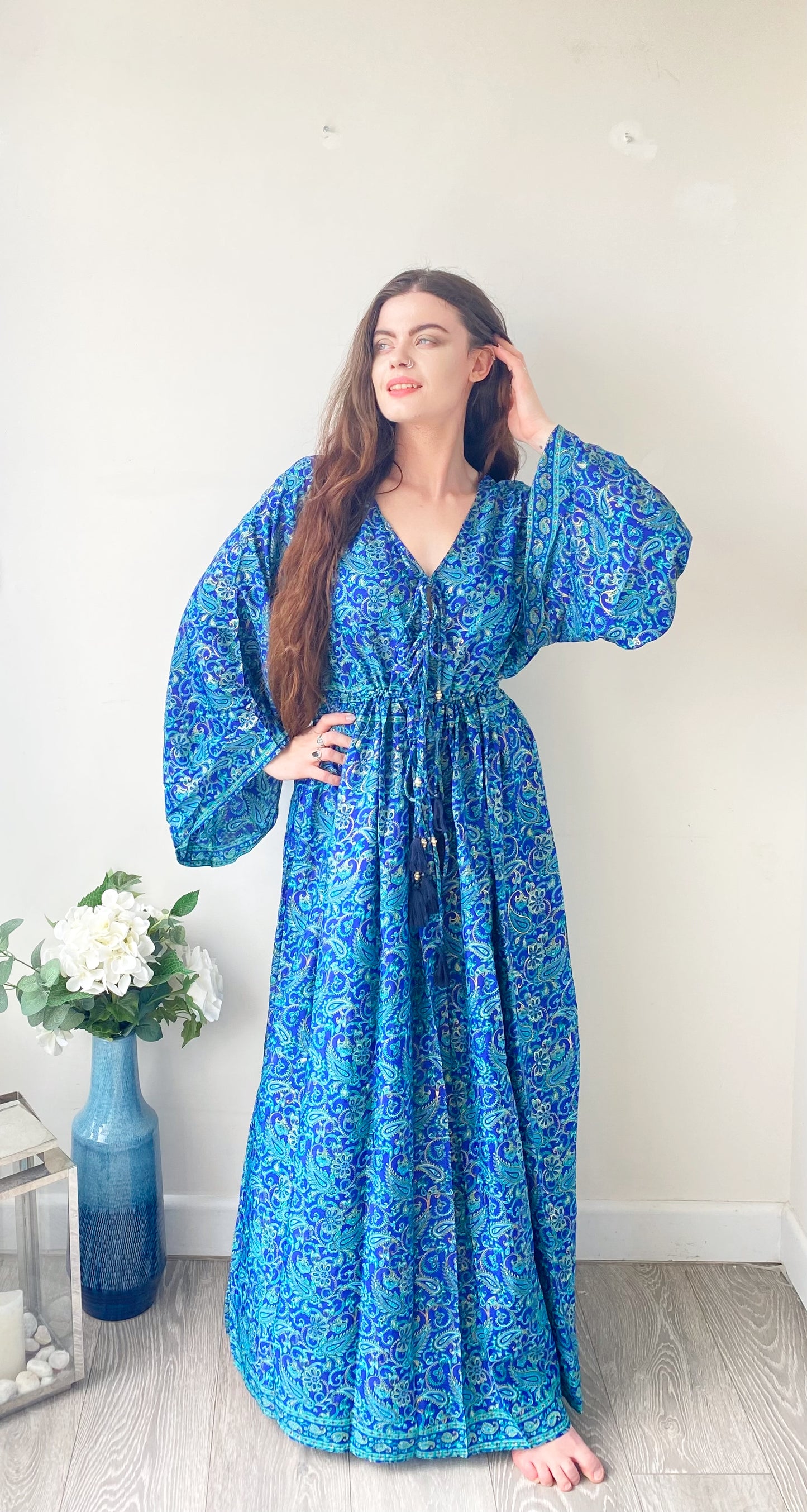 Nova royal-blue paisley-print silk maxi dress free size UK8-16