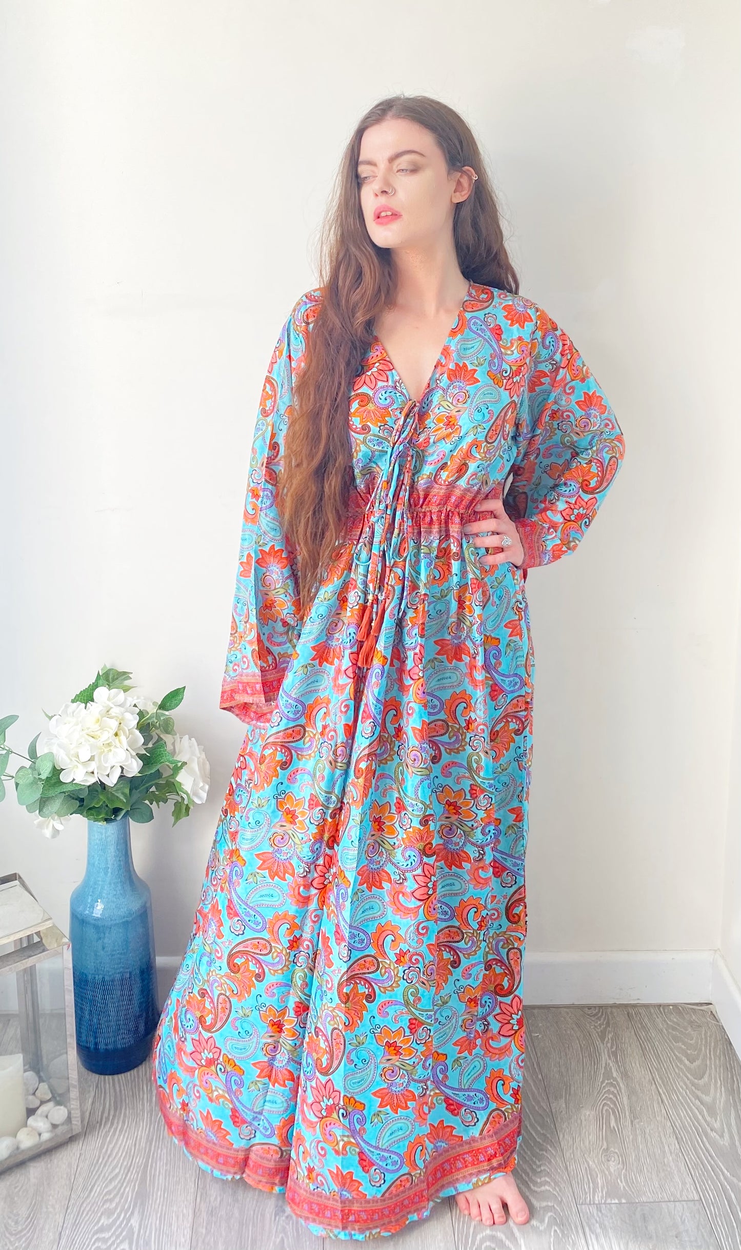 Nova blue red floral print silk maxi dress free size UK8-16