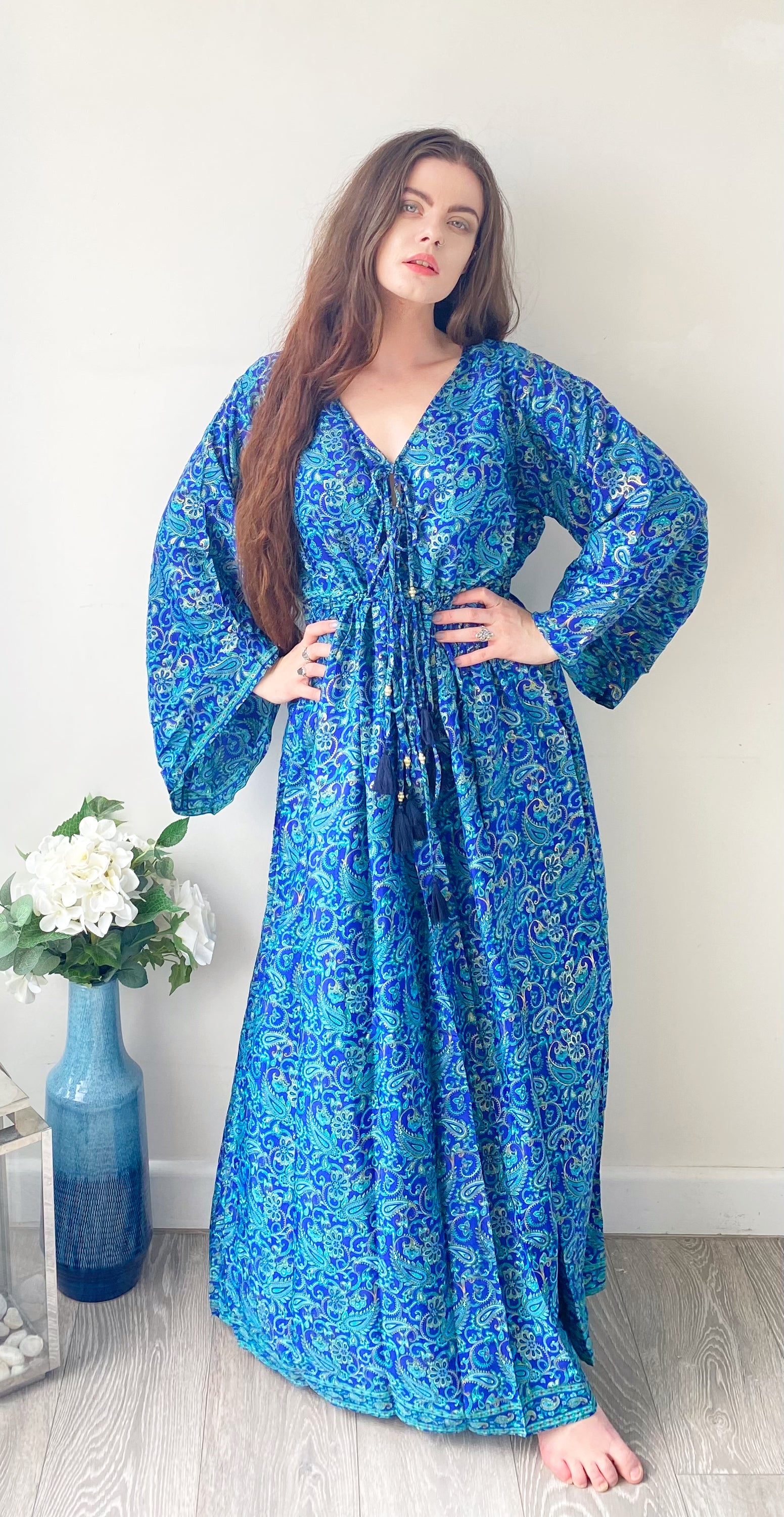 Nova royal-blue paisley-print silk maxi dress free size UK8-16DRESSES