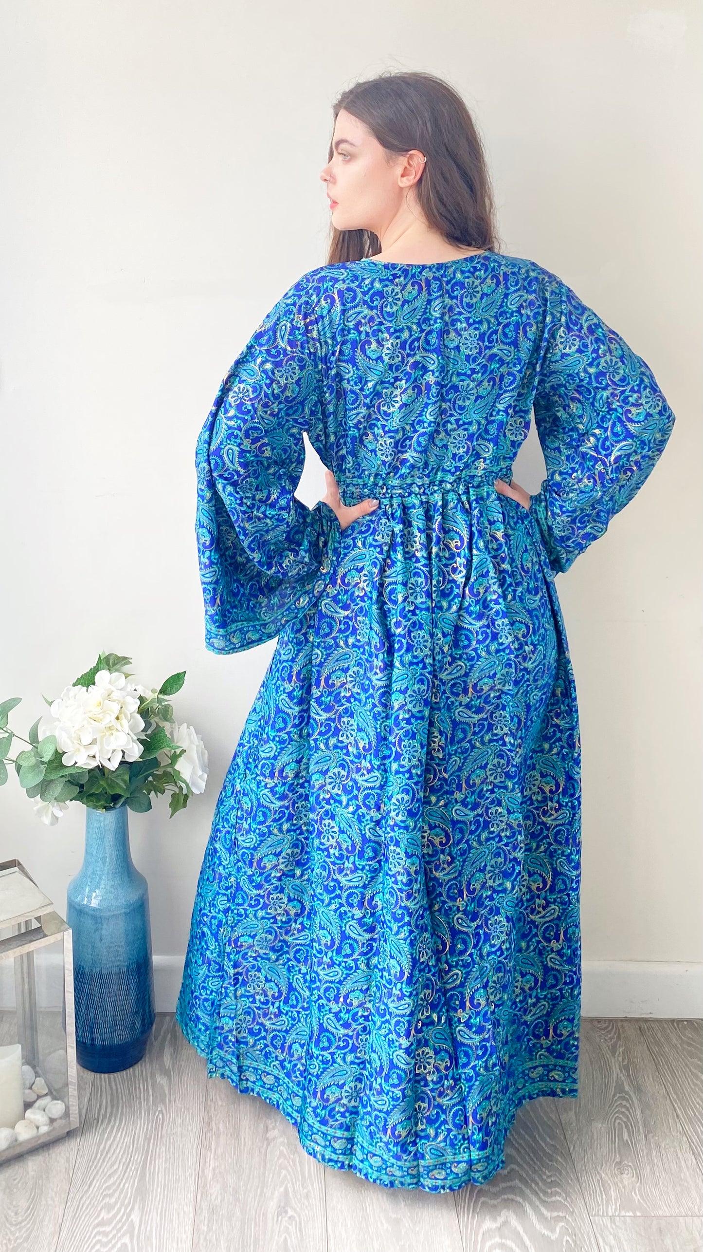 Nova royal-blue paisley-print silk maxi dress free size UK8-16