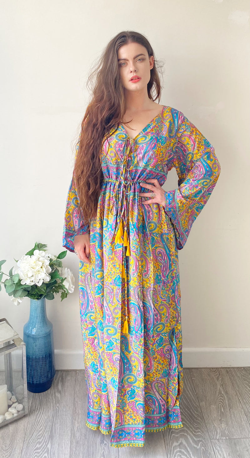 Nova lilac yellow blue paisley-print silk maxi dress free size UK8-16DRESSES