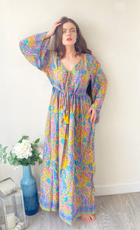 Nova lilac yellow blue paisley-print silk maxi dress free size UK8-16DRESSES