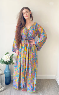 Nova lilac yellow blue paisley-print silk maxi dress free size UK8-16DRESSES