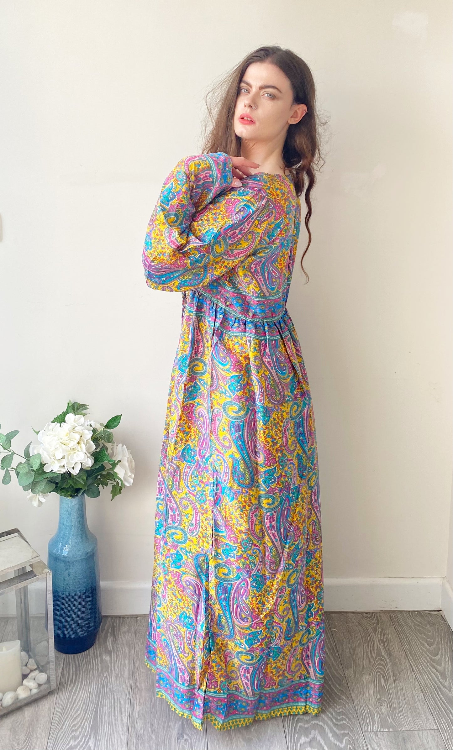 Nova lilac yellow blue paisley-print silk maxi dress free size UK8-16DRESSES