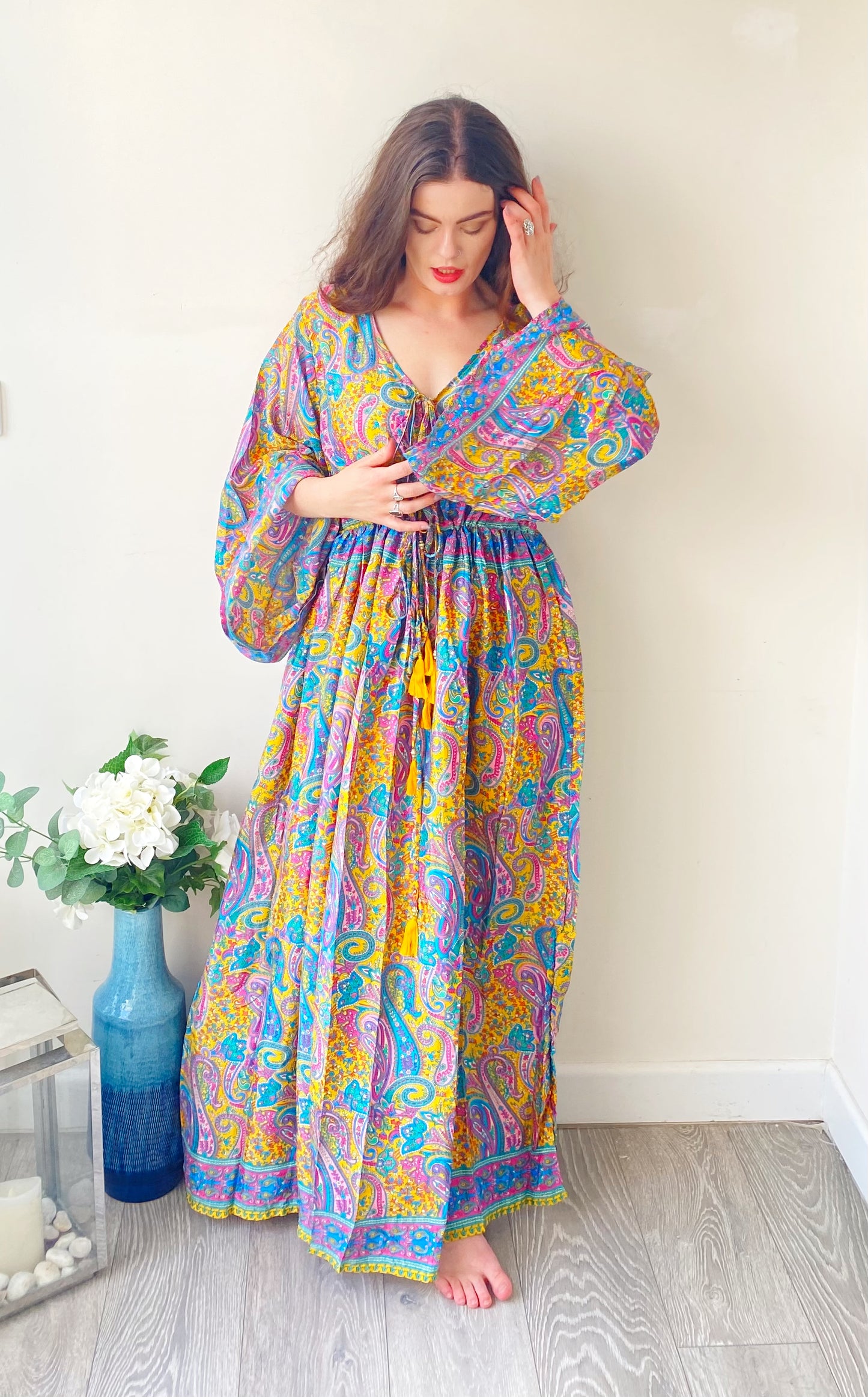 Nova lilac yellow blue paisley-print silk maxi dress free size UK8-16DRESSES