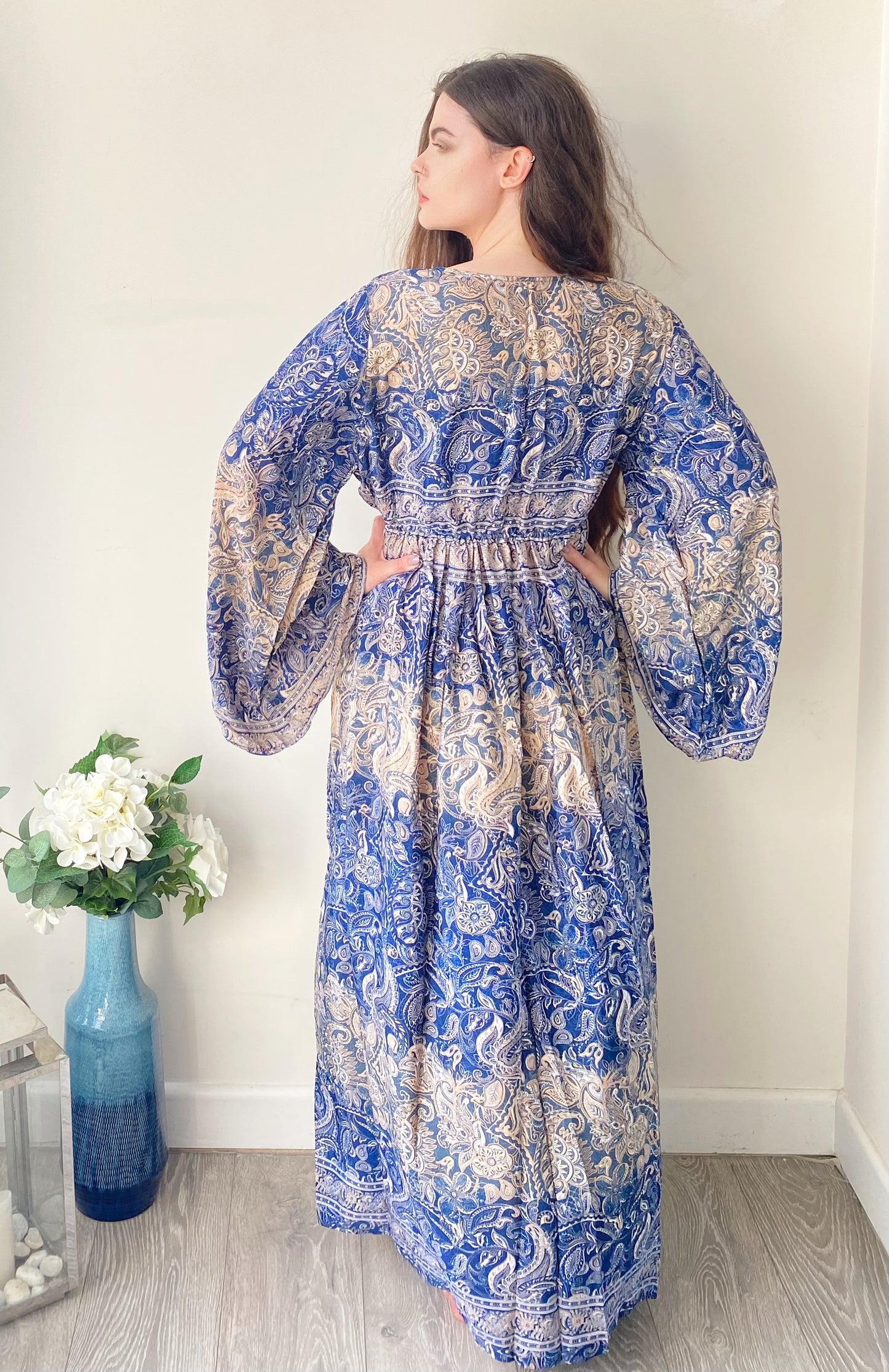 Nova cream blue paisley-print silk maxi dress free size UK8-16DRESSES