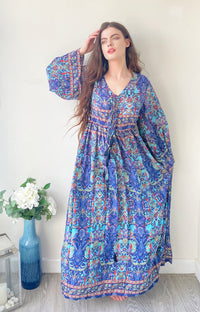 Nova red blue printed silk maxi dress free size UK8-16DRESSES