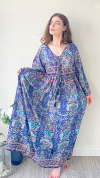 Nova red blue printed silk maxi dress free size UK8-16DRESSES