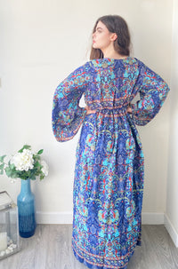 Nova red blue printed silk maxi dress free size UK8-16DRESSES