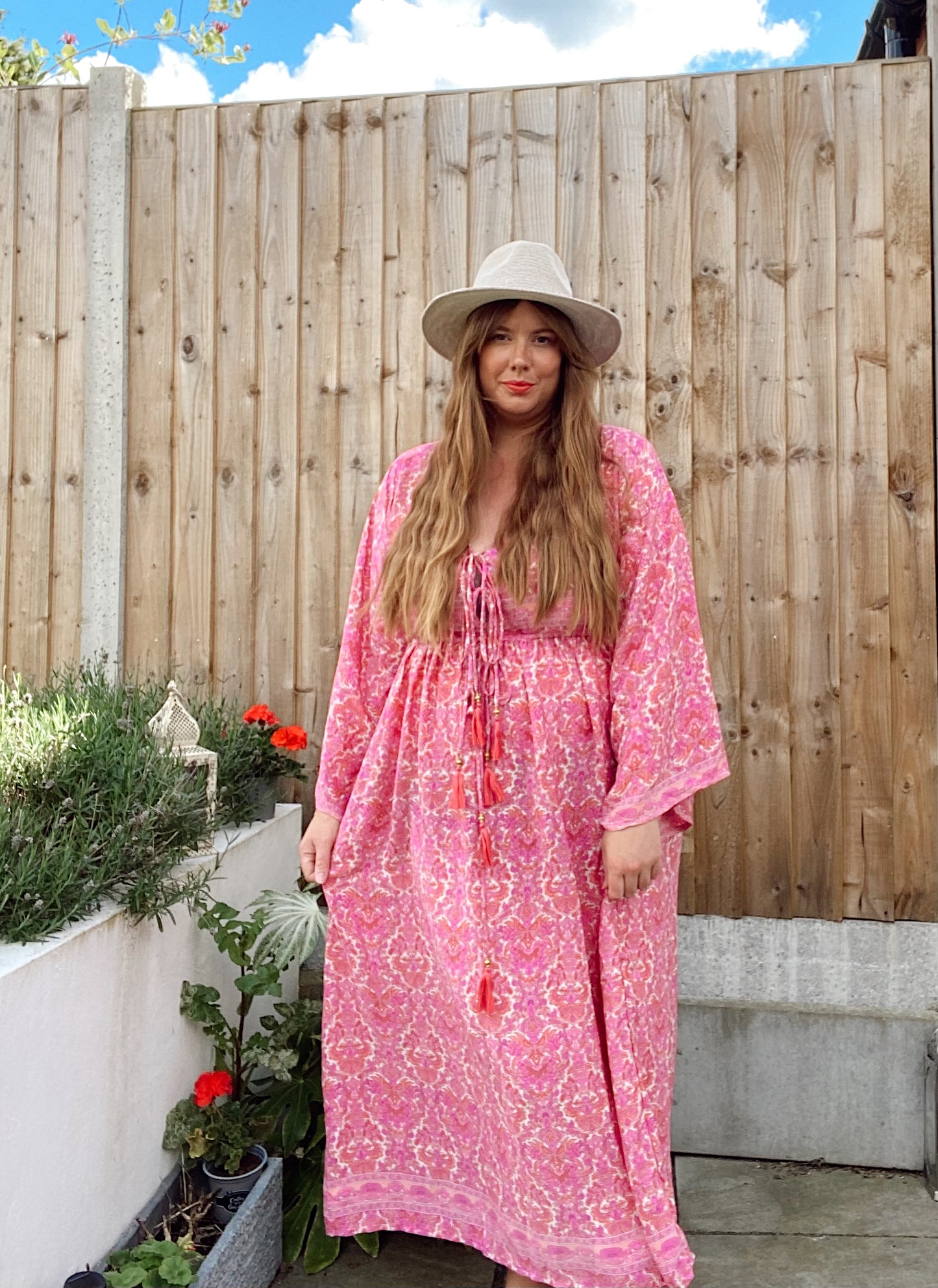 Nova pink floral-print boho silk dress