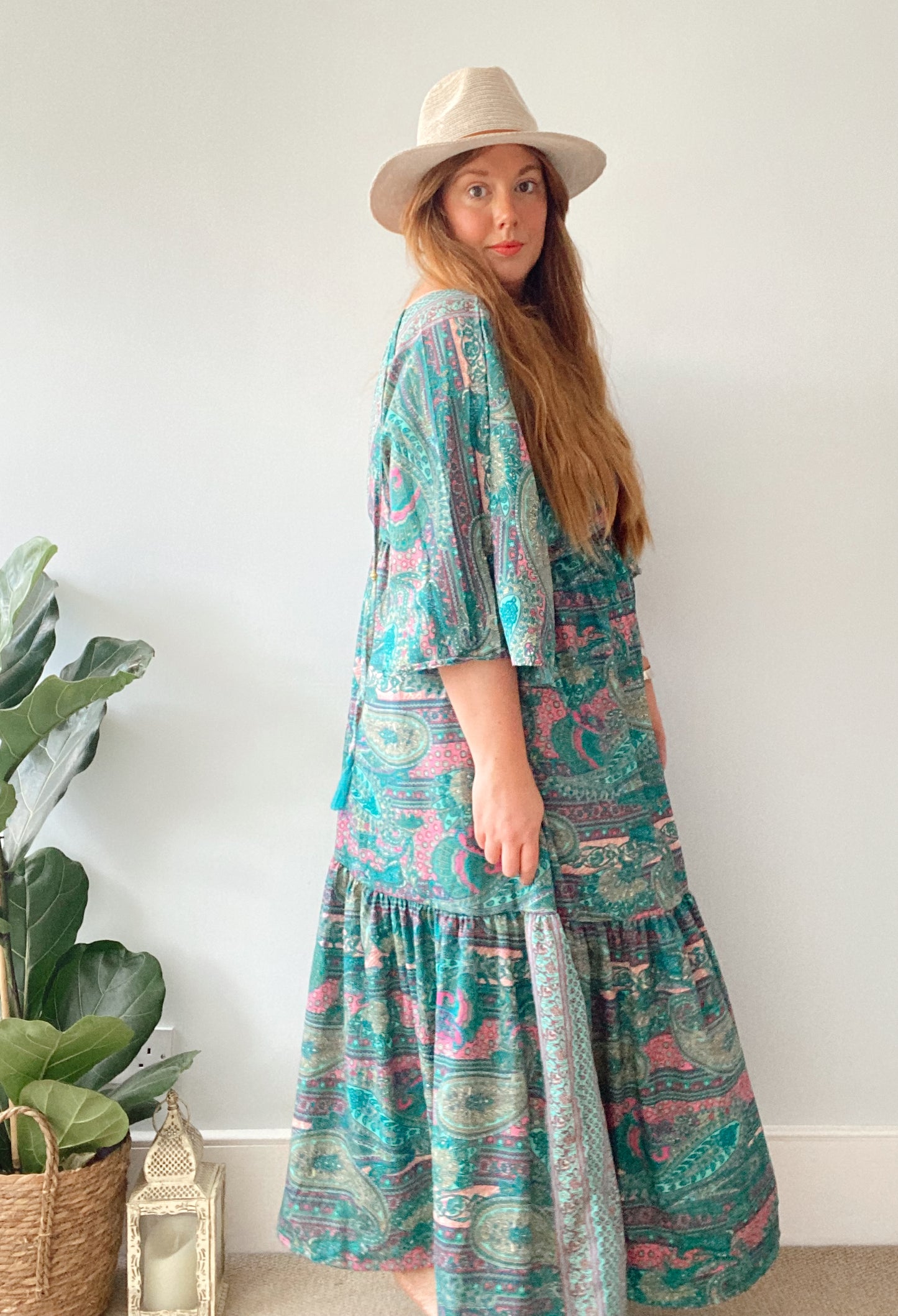 Cora teal paisley-print silk midi dress