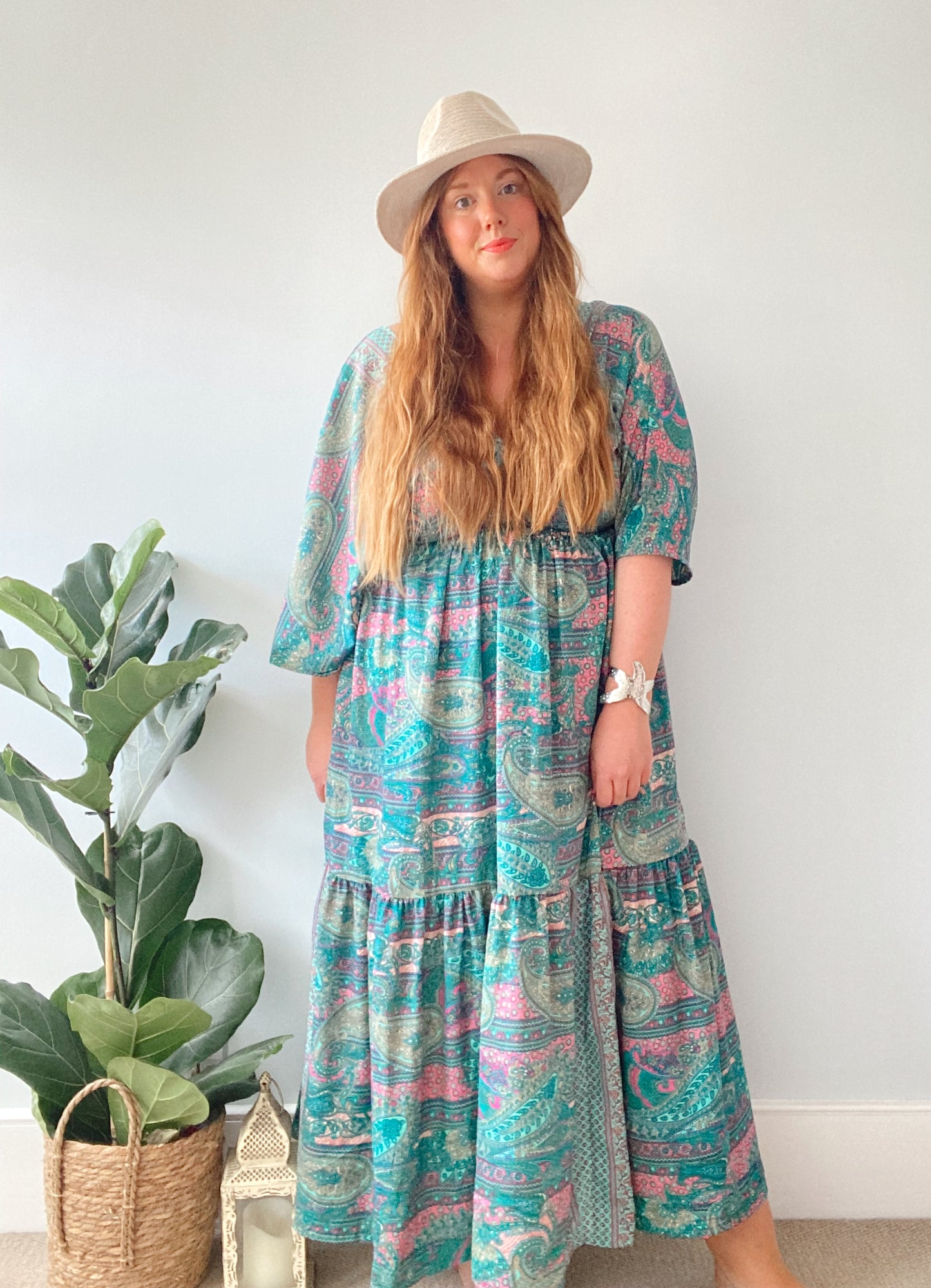 Cora teal paisley-print silk midi dress