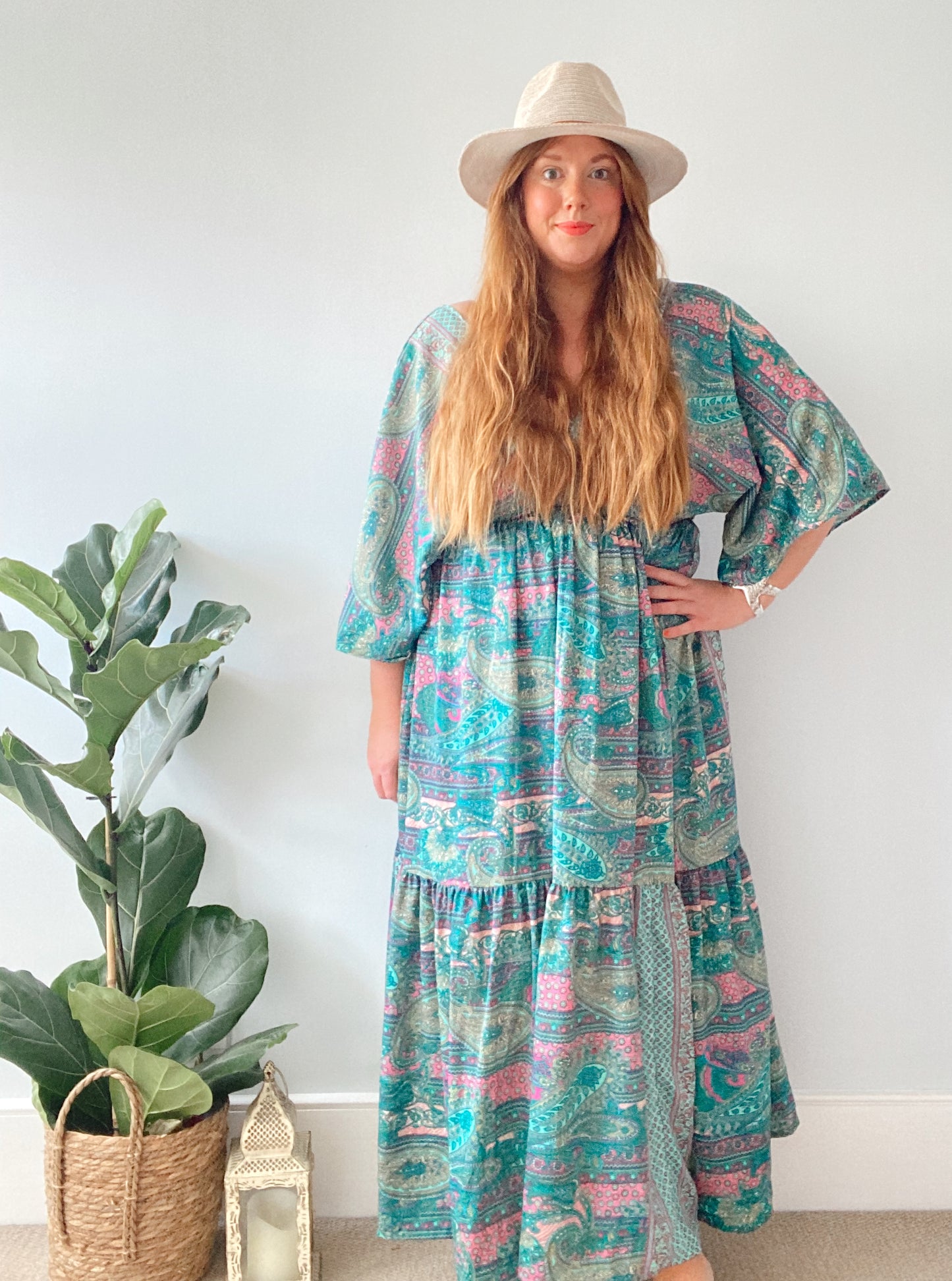 Cora teal paisley-print silk midi dress