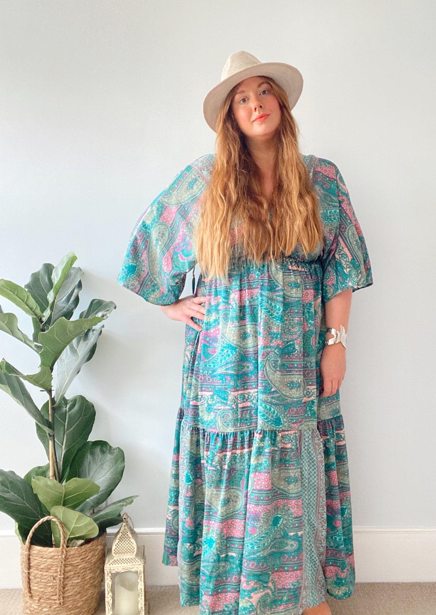 Cora teal paisley-print silk midi dress