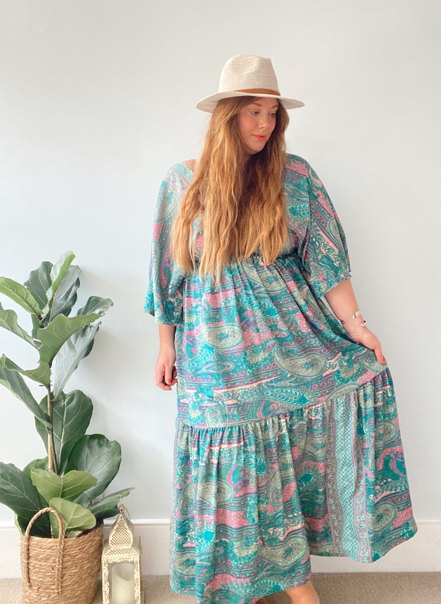 Cora teal paisley-print silk midi dress