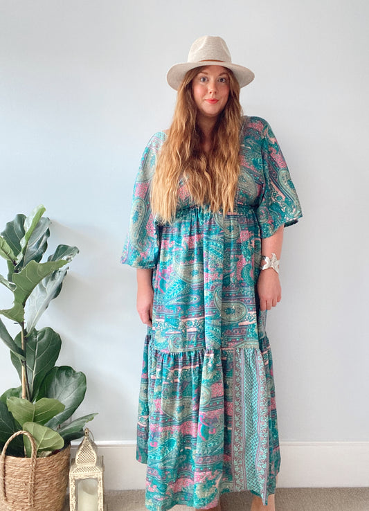 Cora teal paisley-print silk midi dress