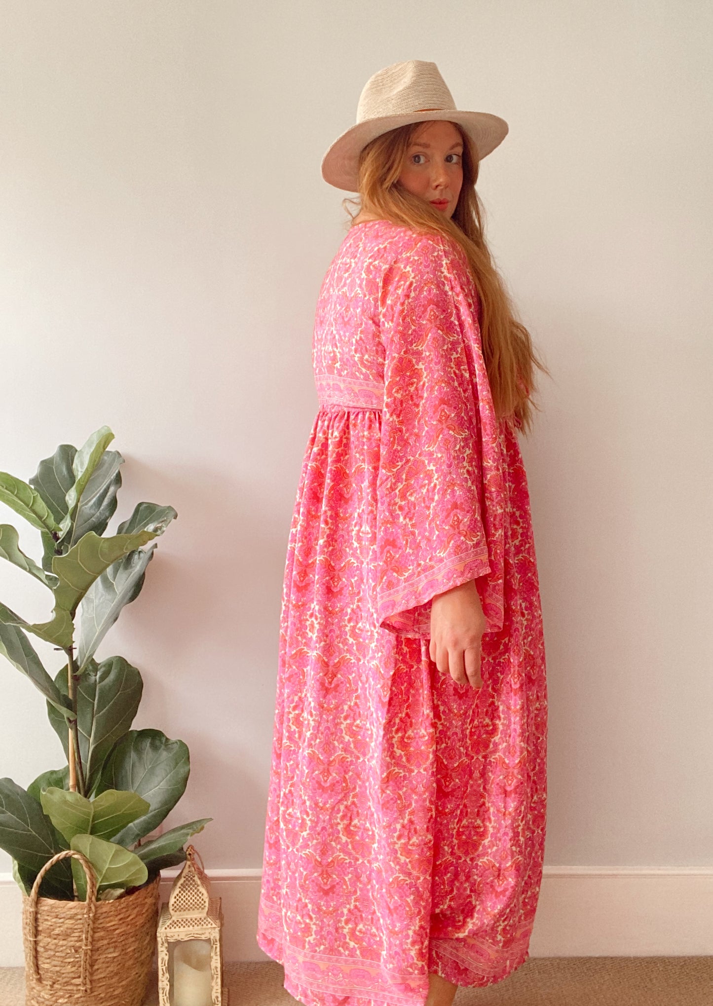 Nova pink floral-print boho silk dress