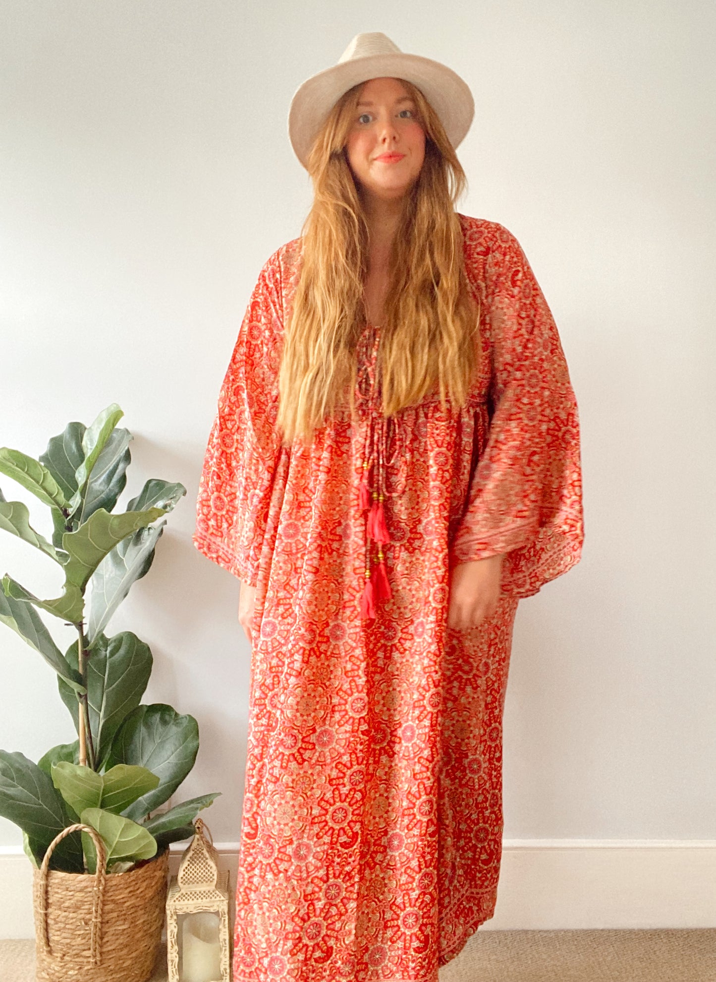 Nova red boho printed silk dress