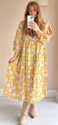 Floral-print cotton smock dress yellow