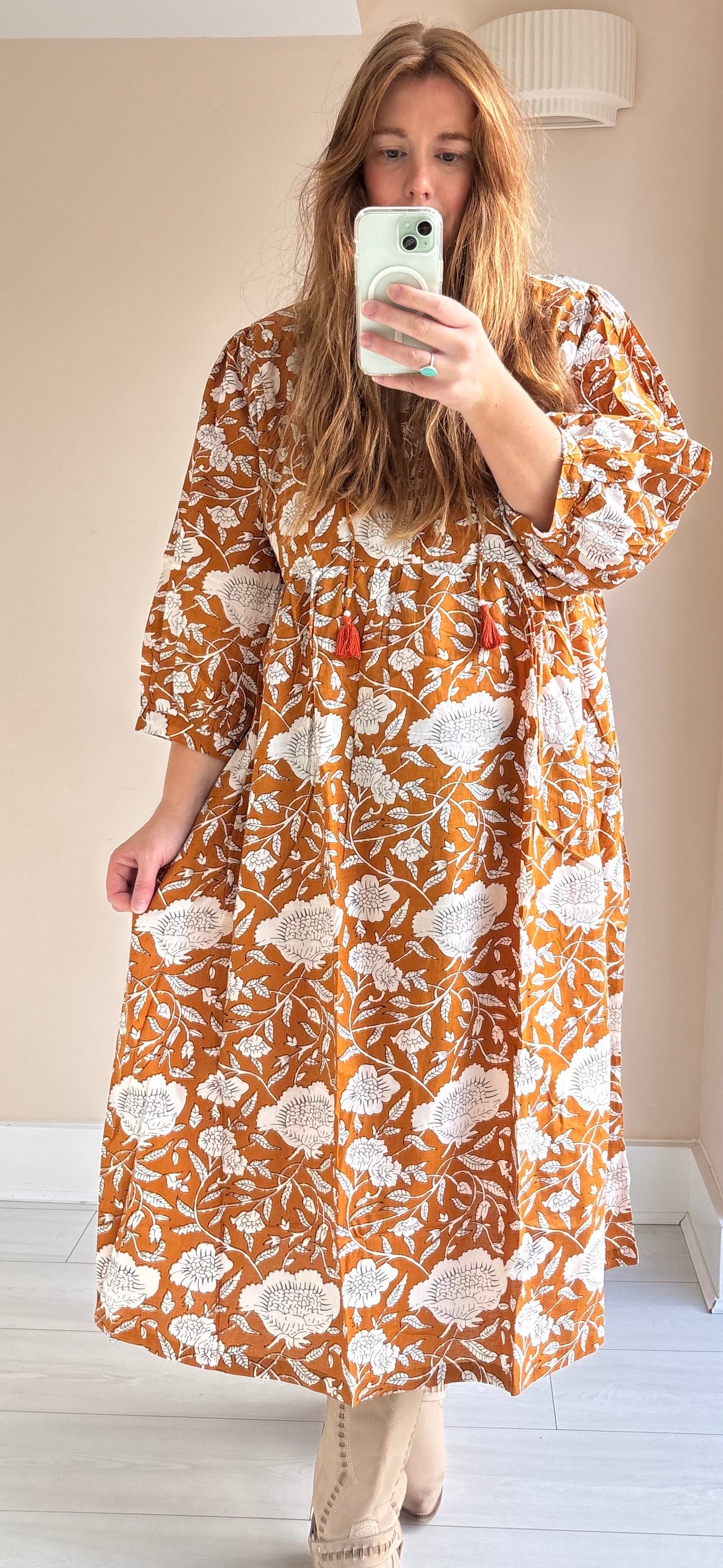 Floral-print cotton smock dress brown