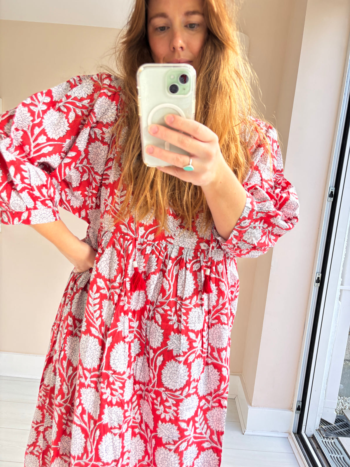 Floral-print cotton smock dress rose red